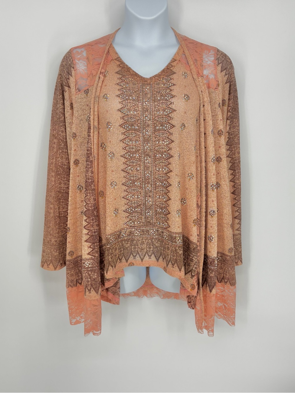 Vocal Apparel Rhinestone Lace Cardigan & Tank Top Set Peach Boho Size 1X XL